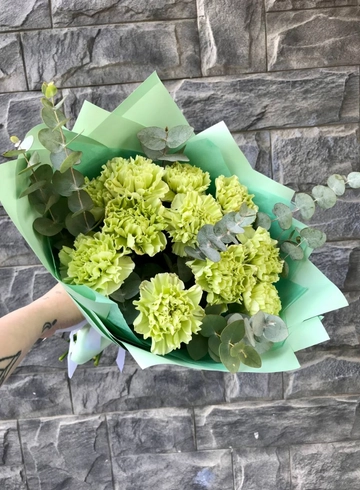 Монобукет 11 зеленых диантусов с эвкалиптом от интернет-магазина цветов в 